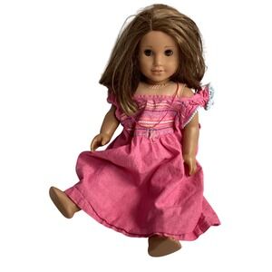 American Girl‎ Doll Brunette Brown Eyes Pink Dress Outfit 18 inch Toy + Necklace